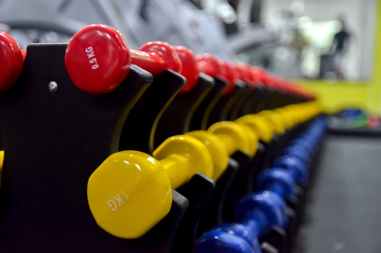 Classes Colorful dumbbells arranged in a gym setting, perfect for fitness and exercise-related content.